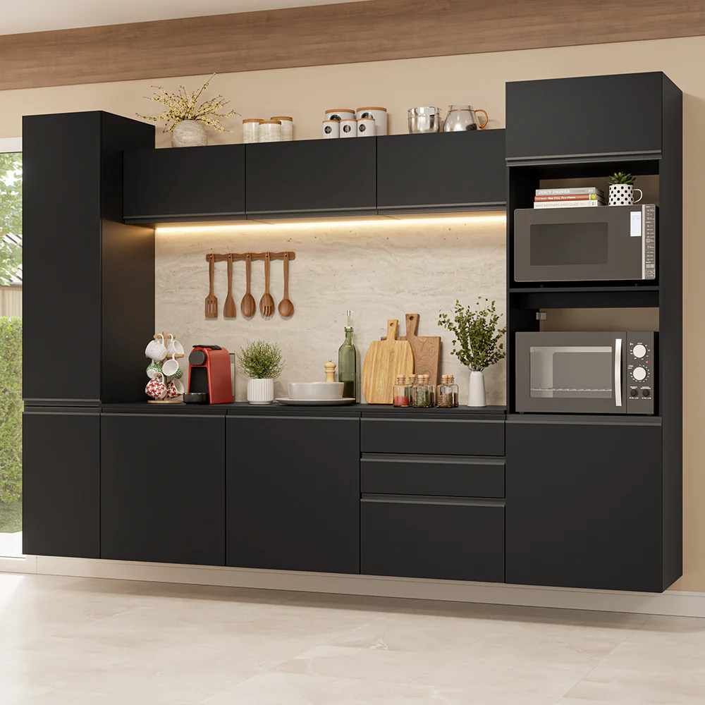 Armário de Cozinha Completa 280 cm Suspenso Preto Nice Madesa 06