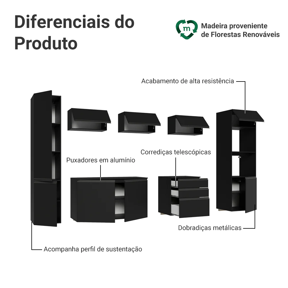 Armário de Cozinha Completa 280 cm Suspenso Preto Nice Madesa 06 - Image 4