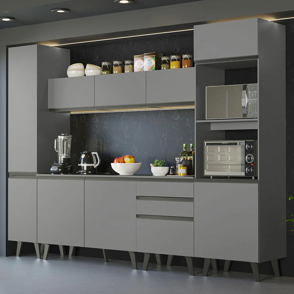 Armário de Cozinha Completa 280cm Cinza Nice Madesa 01