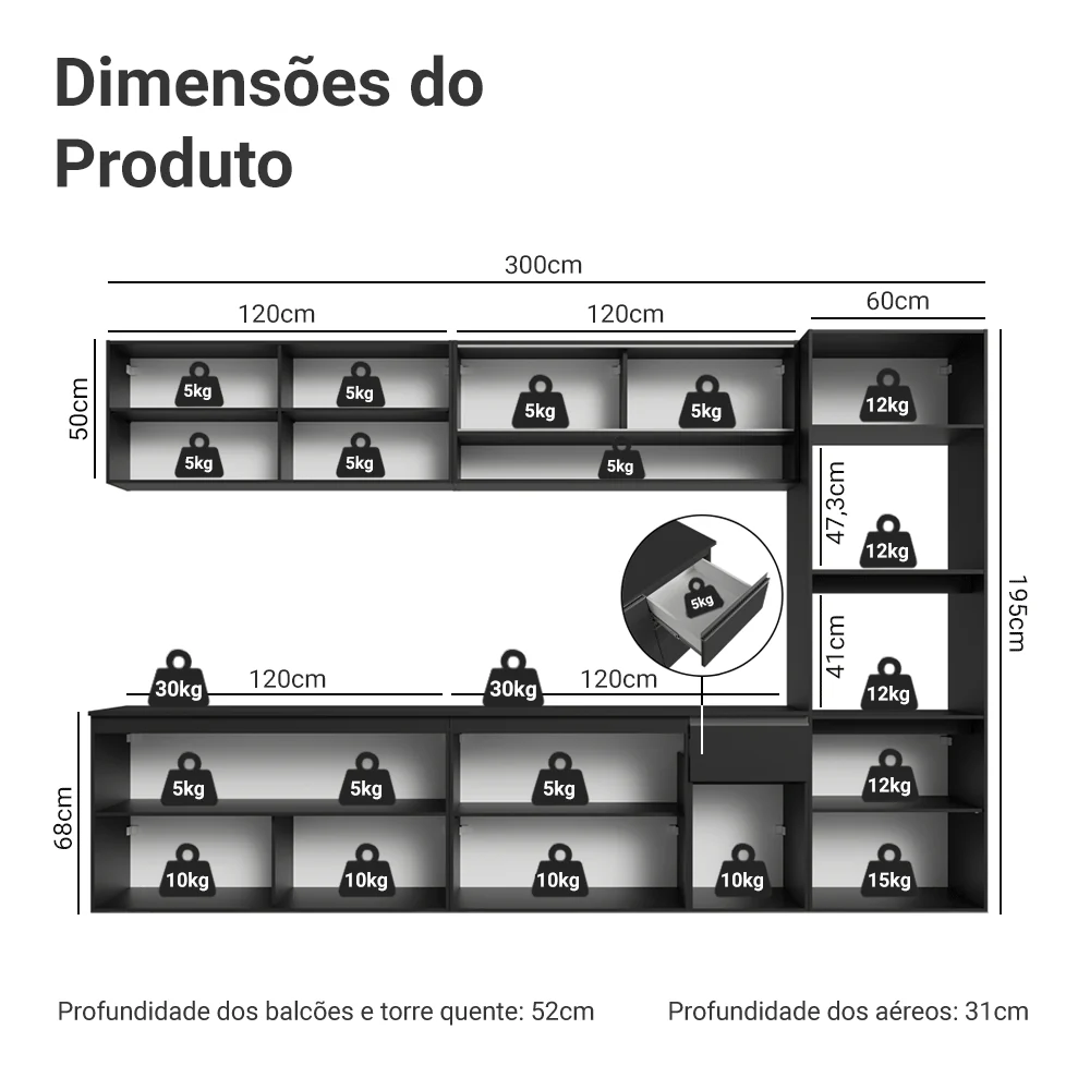 Armário de Cozinha Completa 300 cm Suspenso Preto Nice Madesa 04 - Image 3