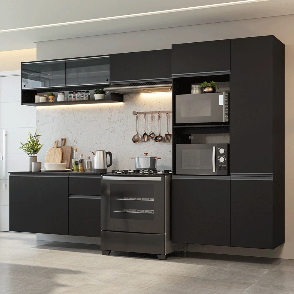 Armário de Cozinha Completa 300 cm Suspenso Preto Nice Madesa 07