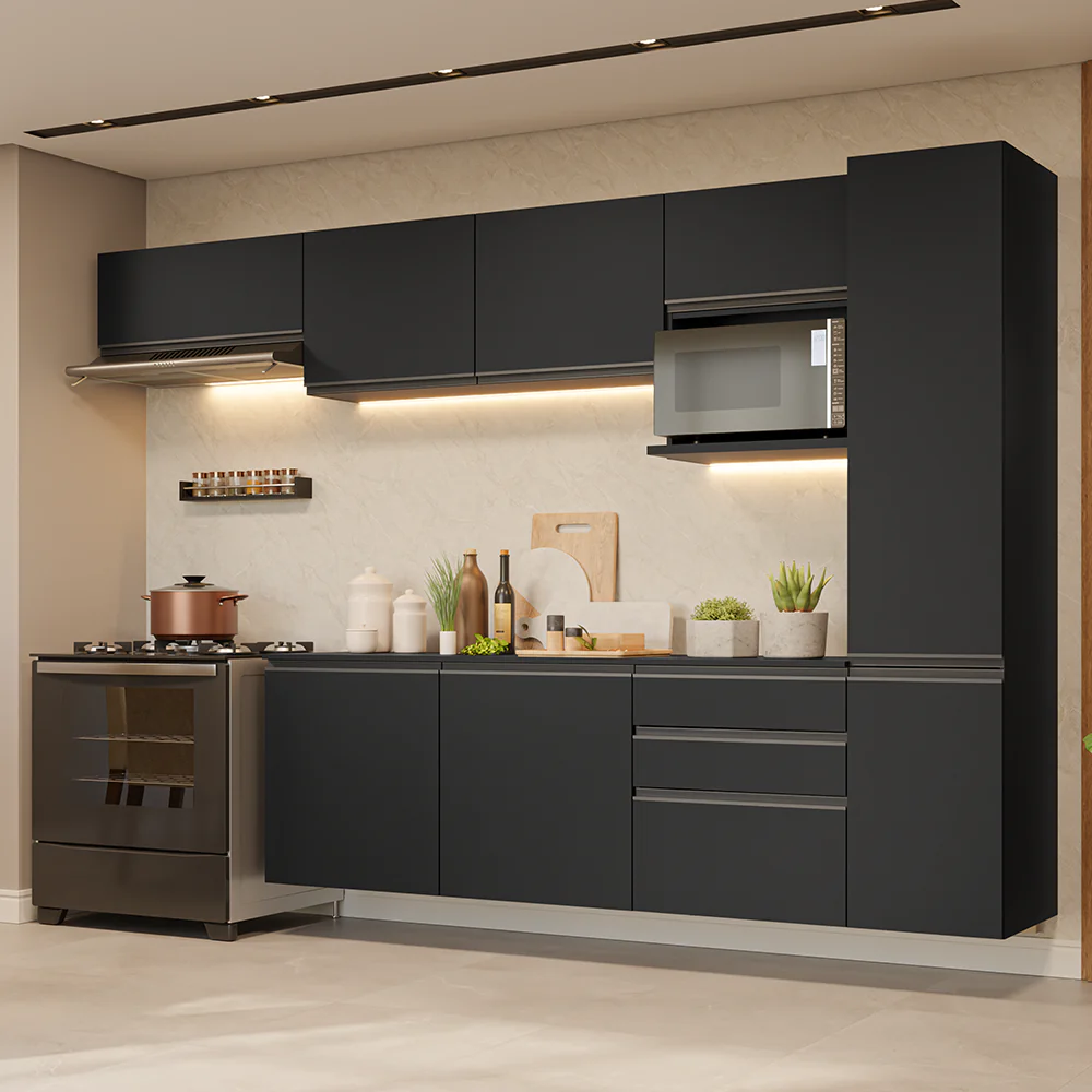 Armário de Cozinha Completa 300 cm Suspenso Preto Nice Madesa 10