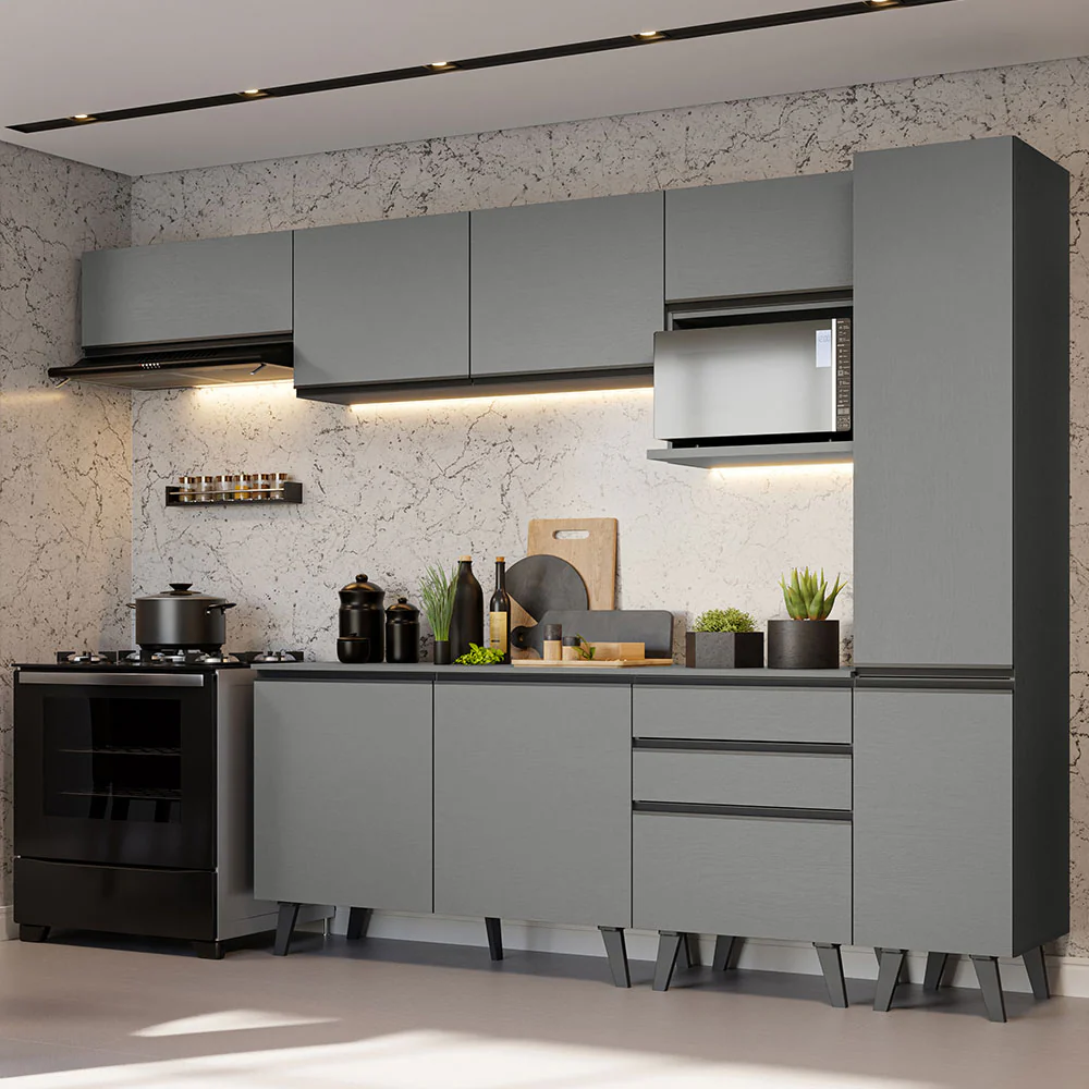 Armário de Cozinha Completa 300cm Cinza Nice Madesa 05