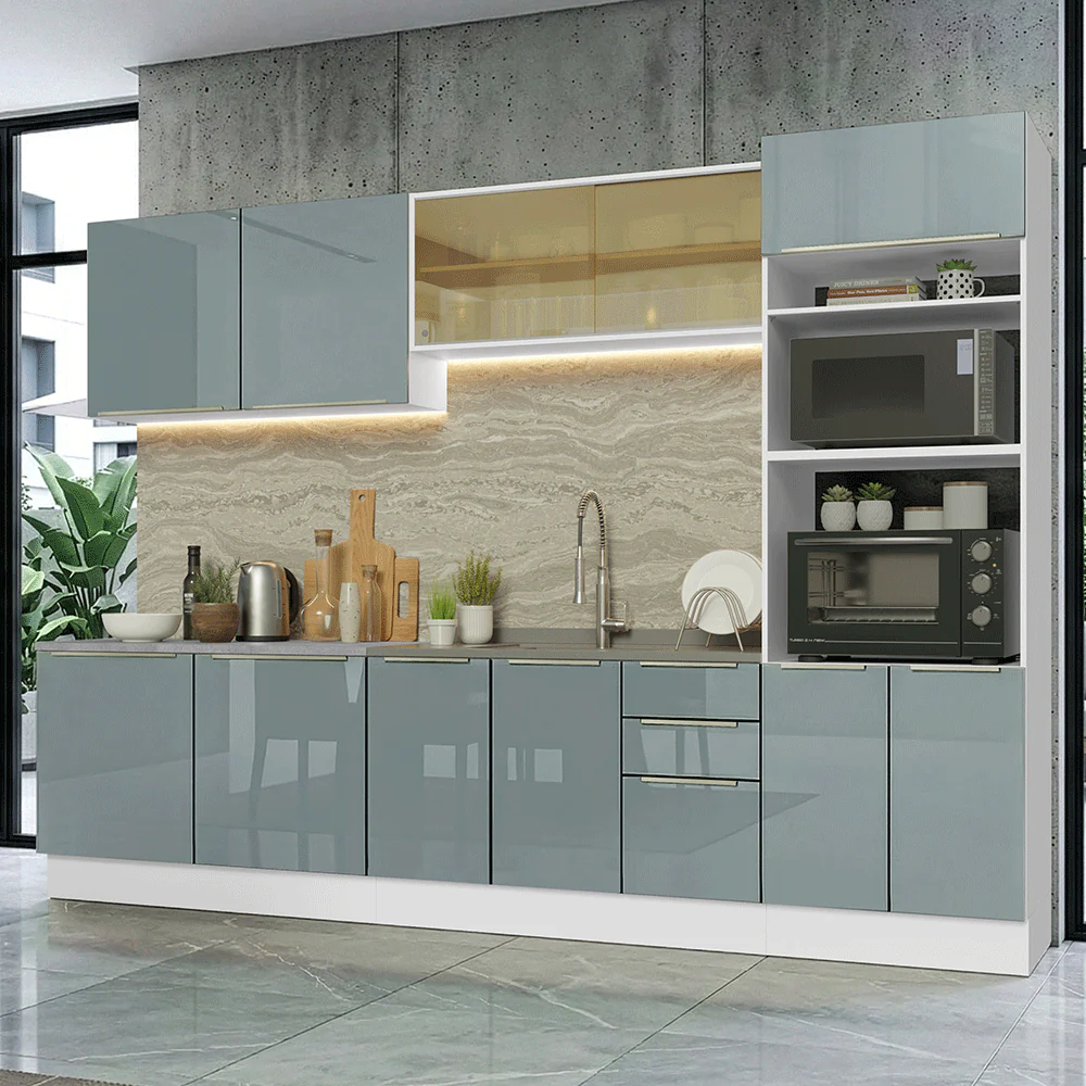 Armário de Cozinha Completa 310 x 60 cm Branco/Cinza Lux Madesa 04