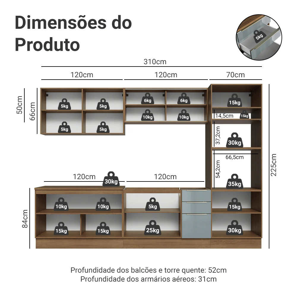 Armário de Cozinha Completa 310 cm Rustic/Cinza Lux Madesa 03 - Image 3