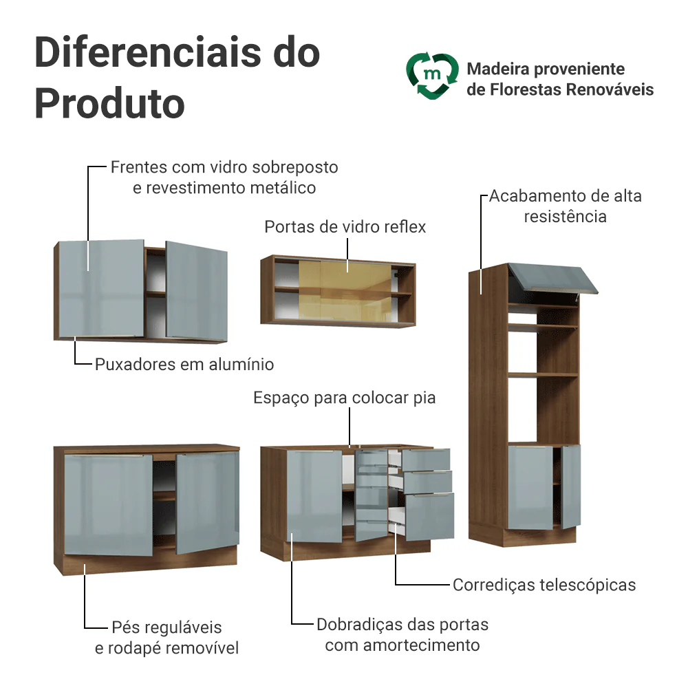Armário de Cozinha Completa 310 x 60 cm Rustic/Cinza Lux Madesa 04 - Image 4
