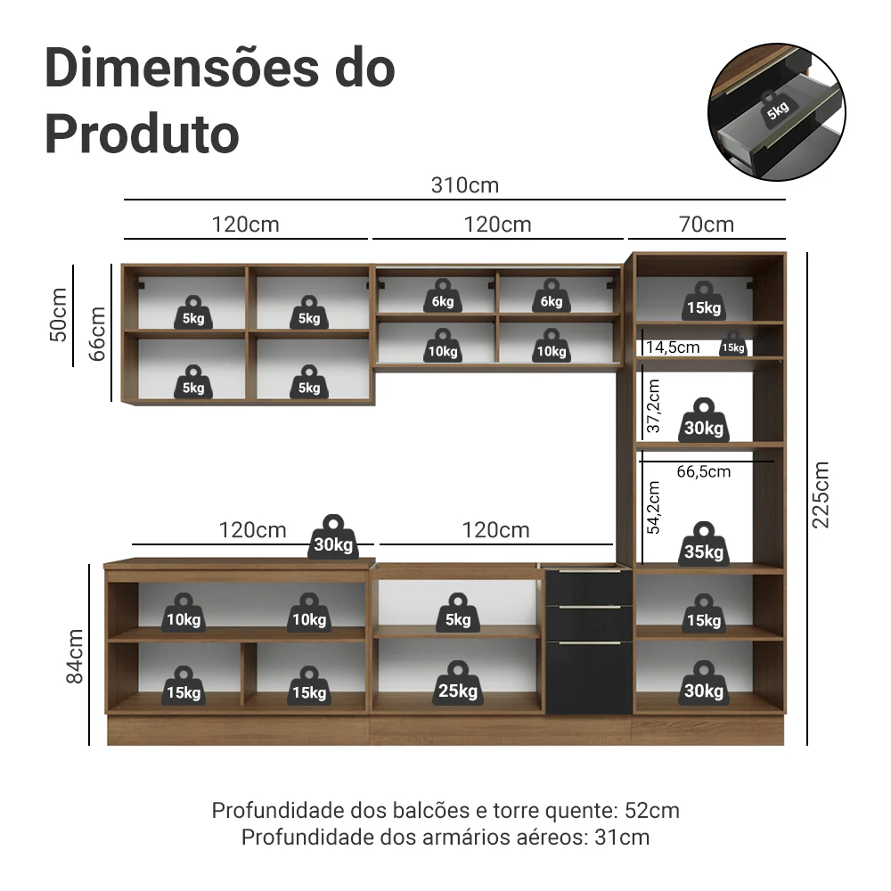 Armário de Cozinha Completa 310 cm Rustic/Preto Lux Madesa 03 - Image 3