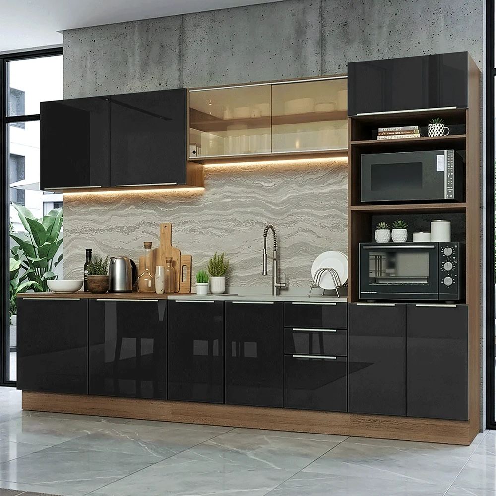 Armário de Cozinha Completa 310 x 60 cm Rustic/Preto Lux Madesa 04
