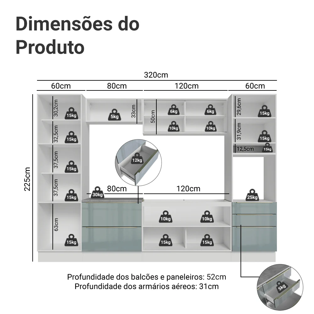 Armário de Cozinha Completa 320 cm Branco/Cinza Lux Madesa 08 - Image 3