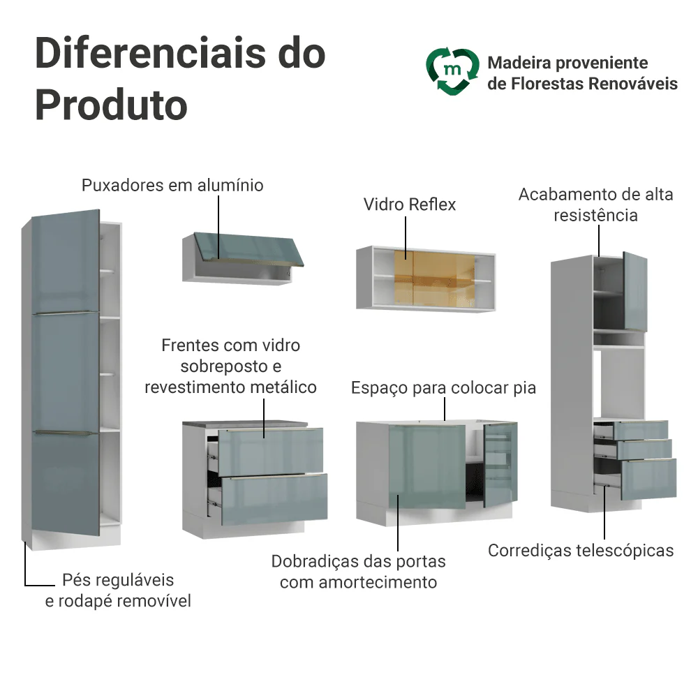 Armário de Cozinha Completa 320 cm Branco/Cinza Lux Madesa 08 - Image 4