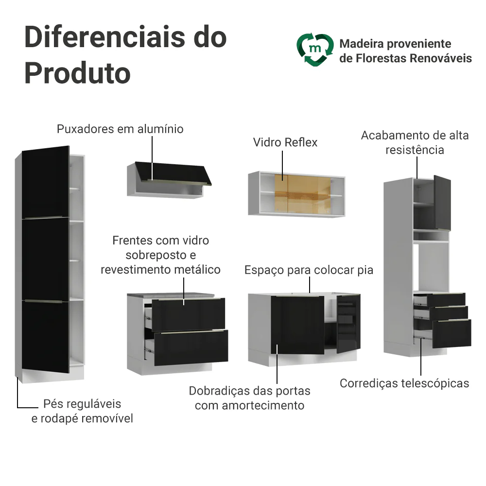 Armário de Cozinha Completa 320 cm Branco/Preto Lux Madesa 08 - Image 4