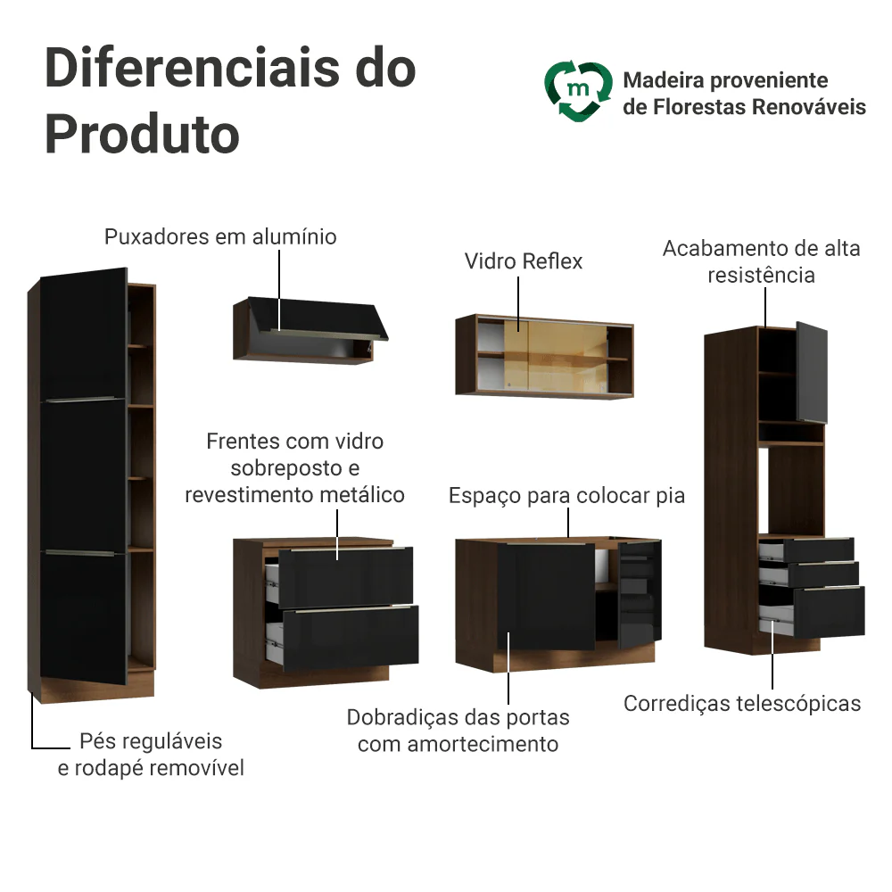 Armário de Cozinha Completa 320 cm Rustic/Preto Lux Madesa 08 - Image 4