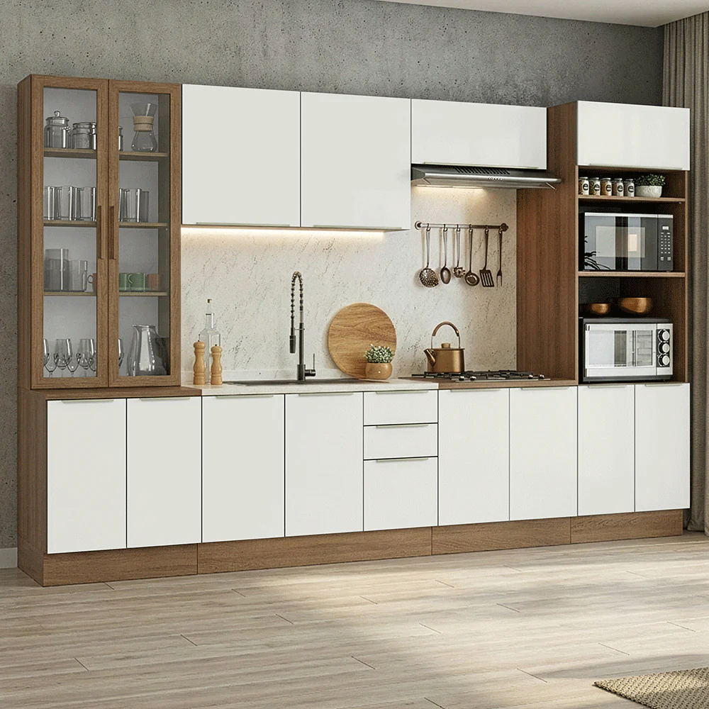 Armário de Cozinha Completa 340 x 60 cm Rustic/Branco Veludo Lux Madesa 04