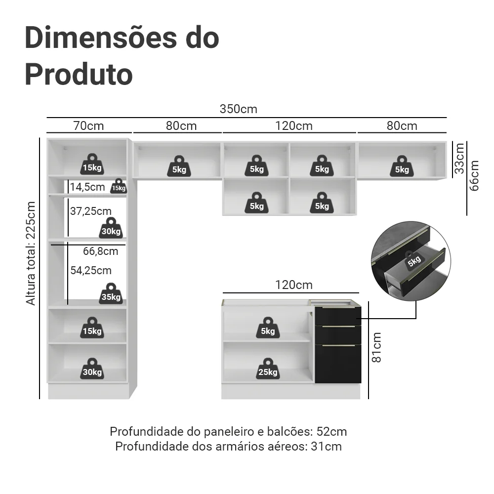 Armário de Cozinha Completa 350 cm Branco/Preto Lux Madesa 01 - Image 3
