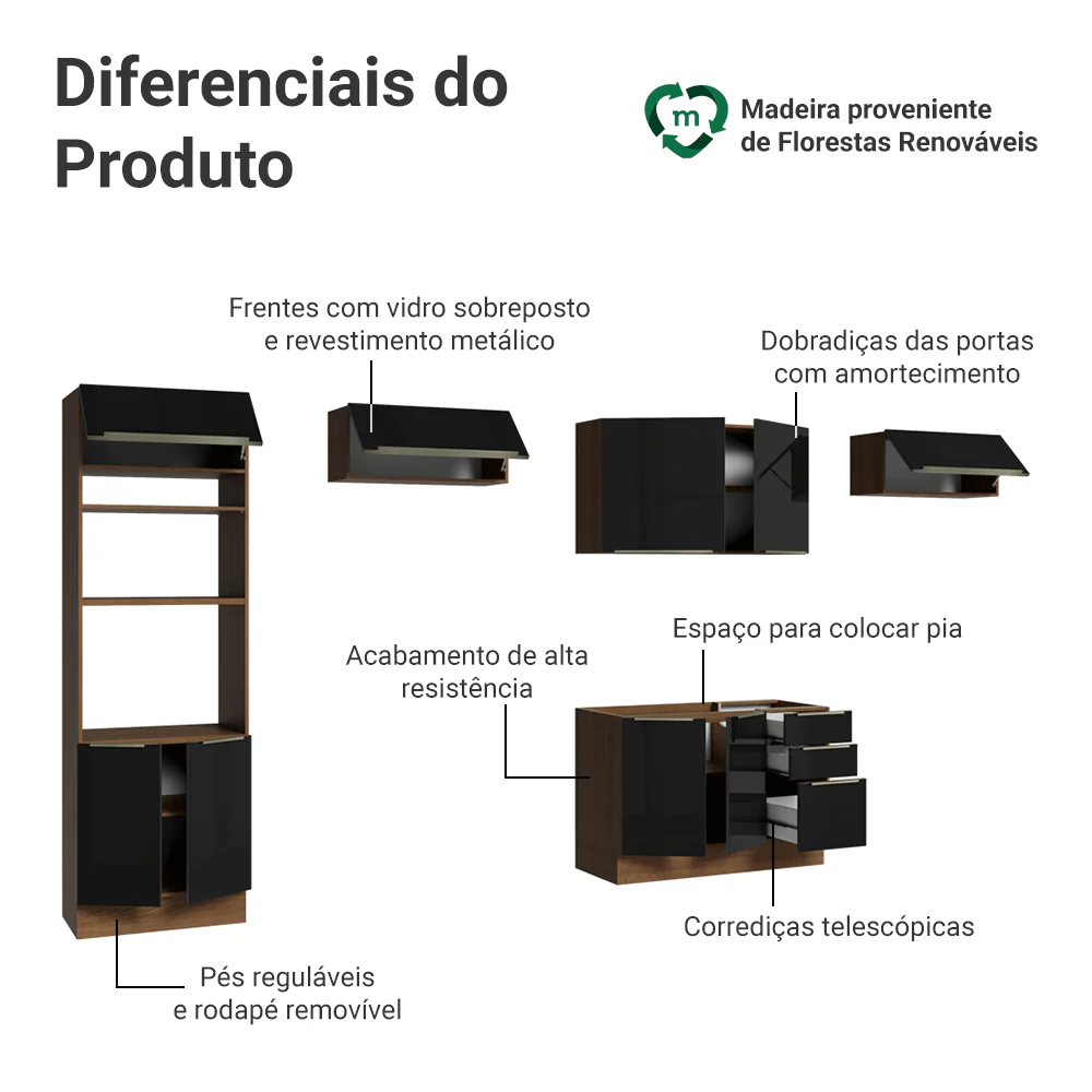 Armário de Cozinha Completa 350 cm Rustic/Preto Lux Madesa 01 - Image 4