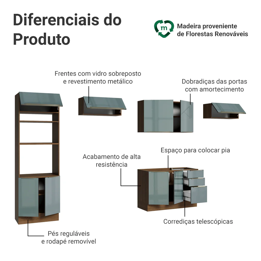 Armário de Cozinha Completa 350 x 60 cm Rustic/Cinza Lux Madesa 02 - Image 4