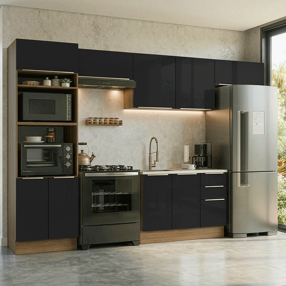 Armário de Cozinha Completa 350 x 60 cm Rustic/Preto Lux Madesa 02
