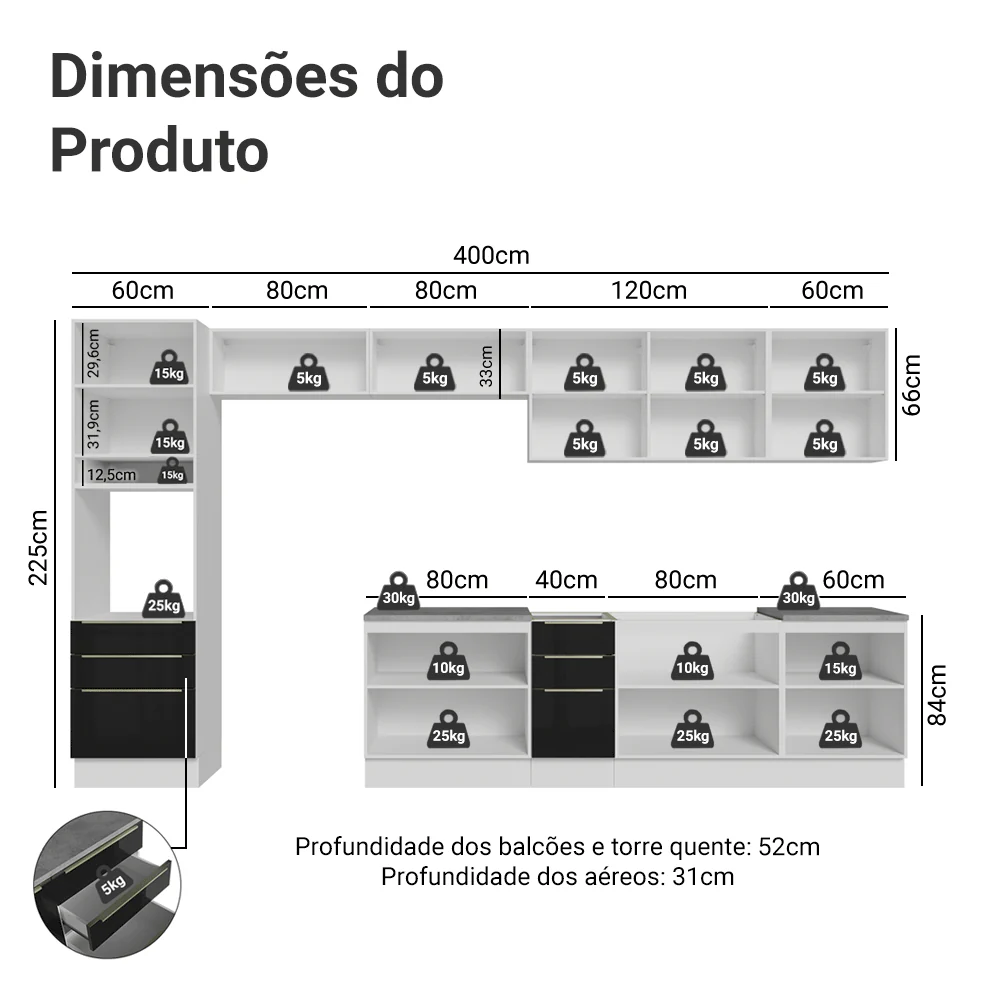 Armário de Cozinha Completa 400 cm Branco/Preto Lux Madesa 02 - Image 3
