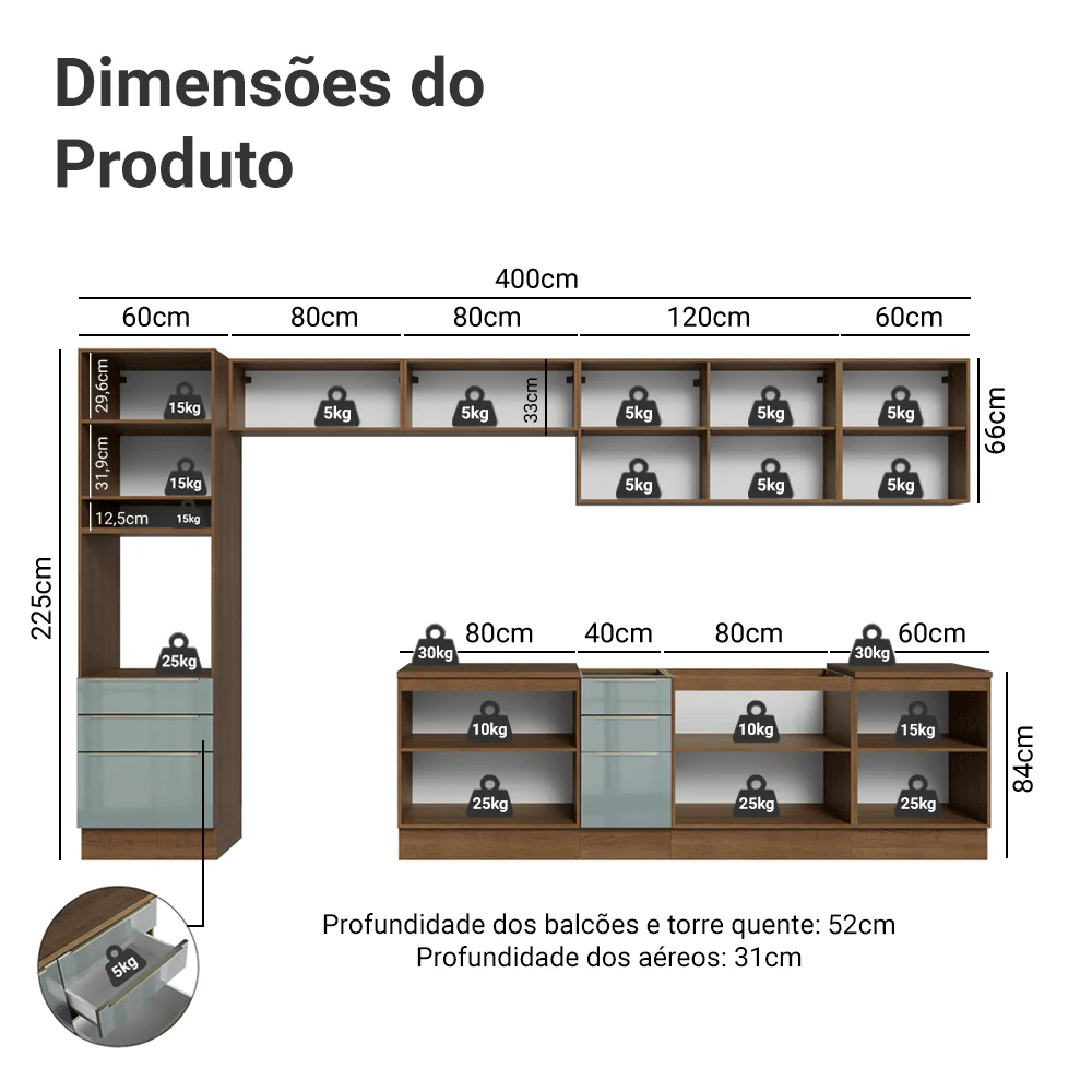 Armário de Cozinha Completa 400 cm Rustic/Cinza Lux Madesa 02 - Image 3