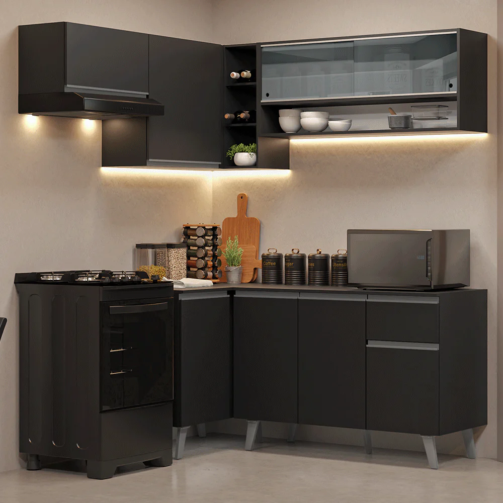 Armário de Cozinha Completa de Canto 325 cm Preto Nice Madesa 04