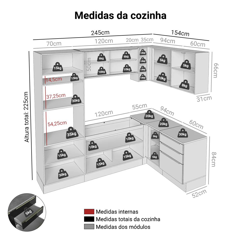 Armário de Cozinha Completa de Canto 399 cm Branco/Preto Lux Madesa 01 - Image 3