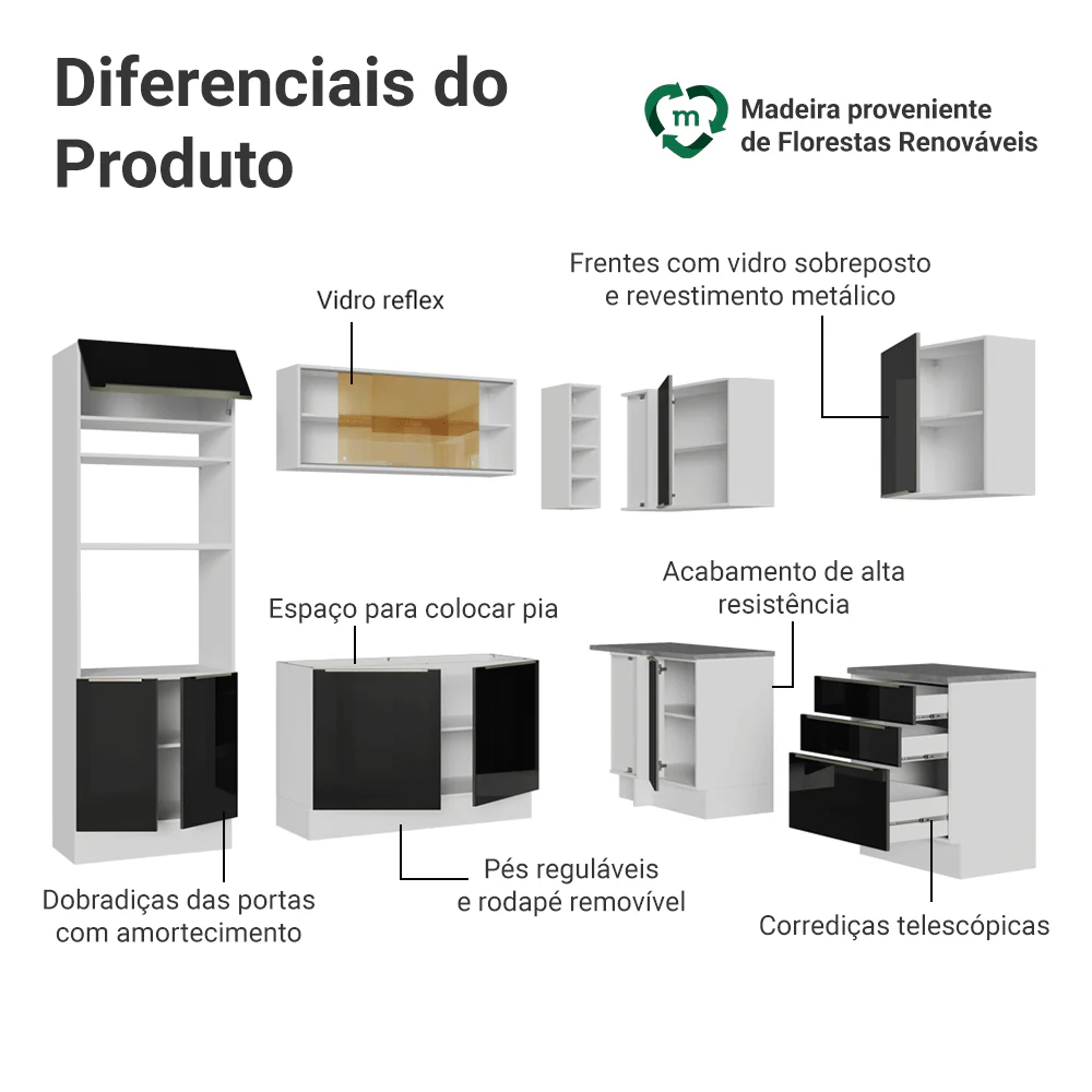 Armário de Cozinha Completa de Canto 399 cm Branco/Preto Lux Madesa 01 - Image 4