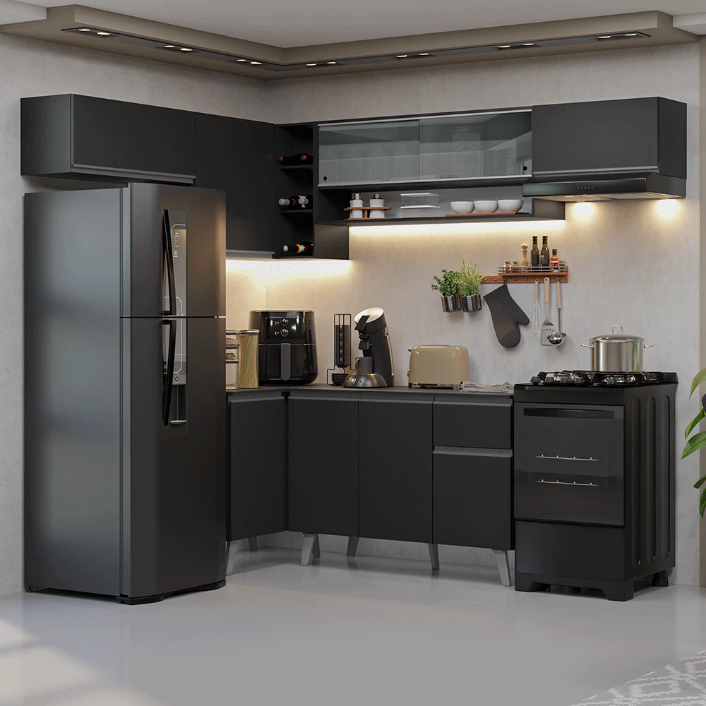 Armário de Cozinha Completa de Canto 405 cm Preto Nice Madesa 06