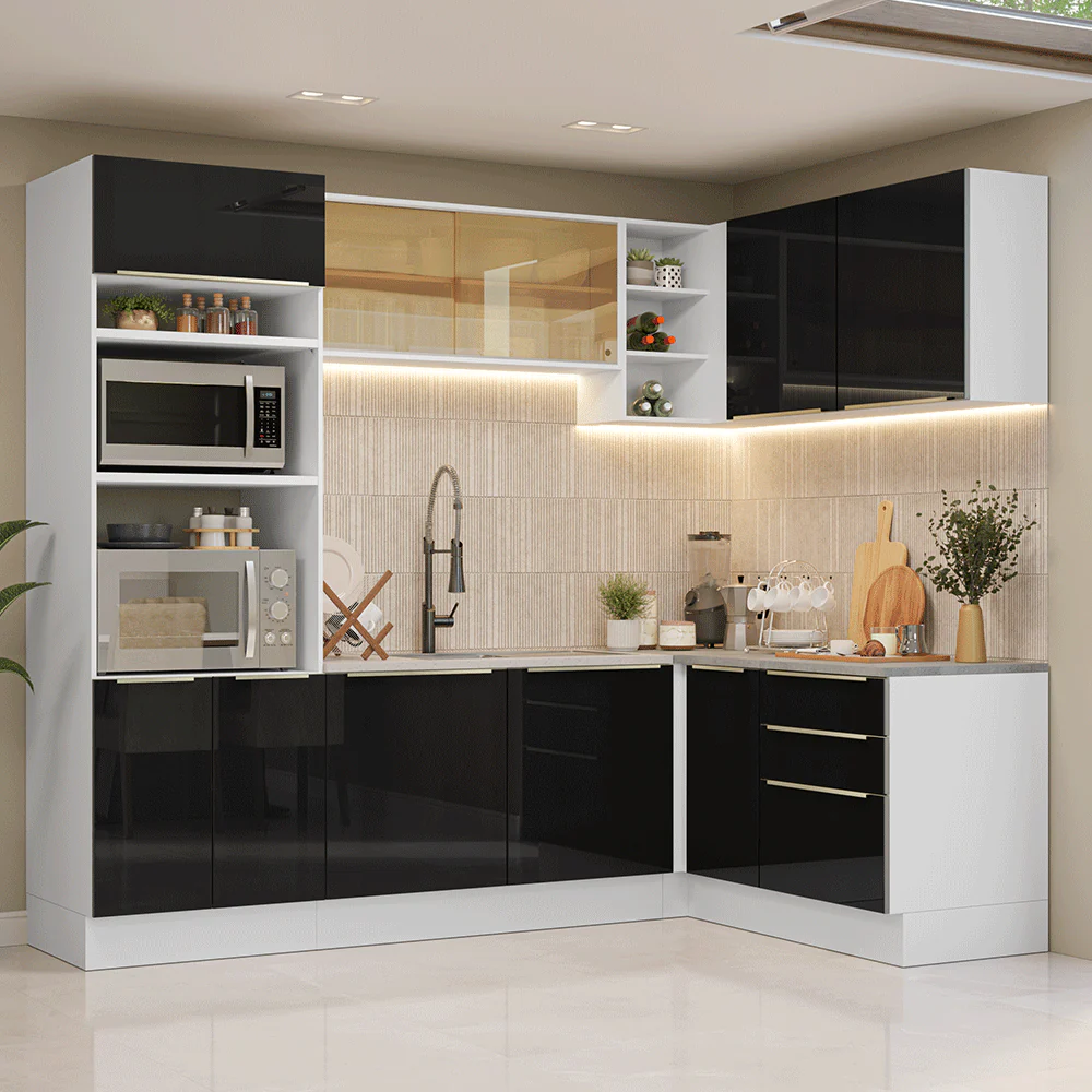 Armário de Cozinha Completa de Canto 416 x 60 cm Branco/Preto Lux Madesa 01