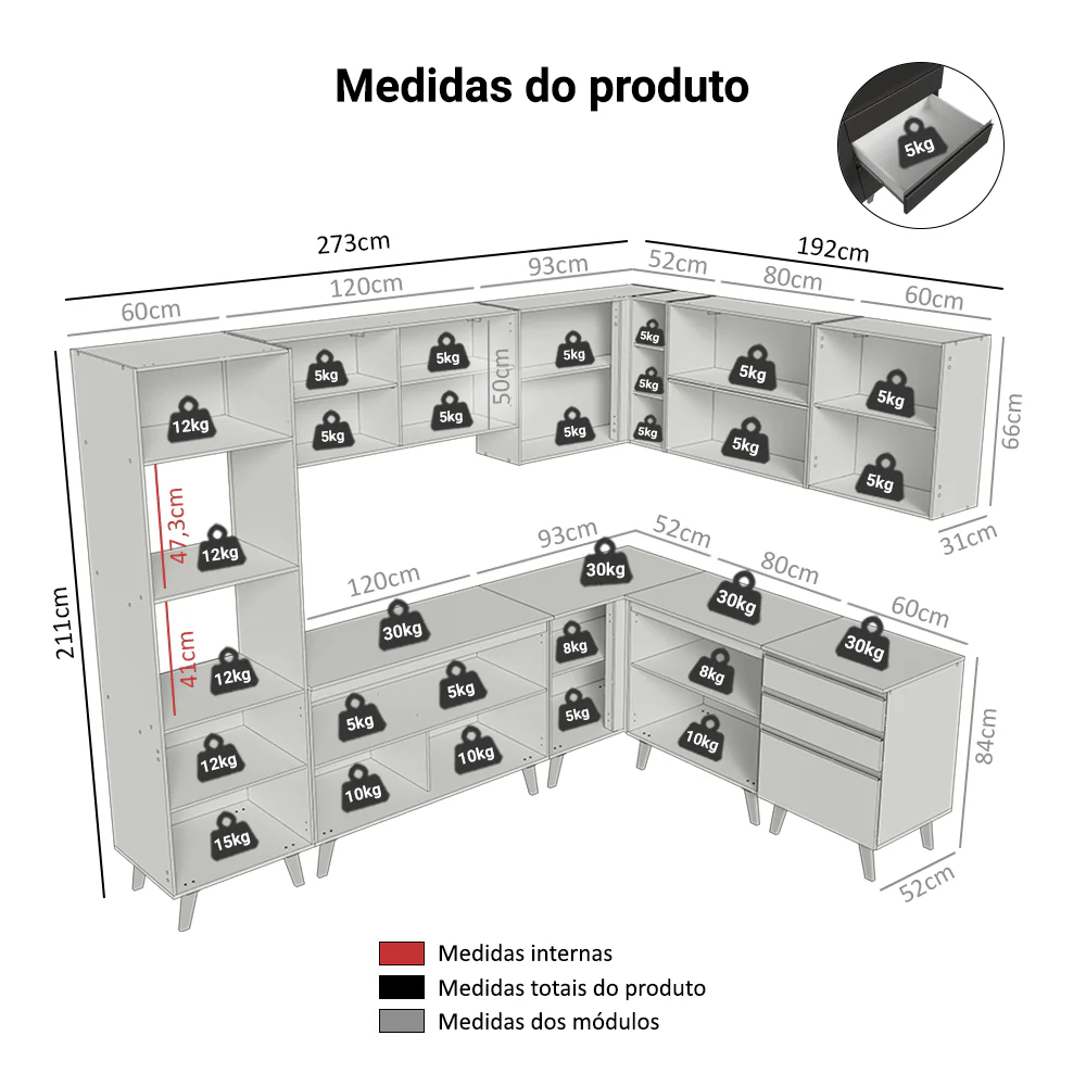 Armário de Cozinha Completa de Canto 465 cm Preto Nice Madesa 01 - Image 3