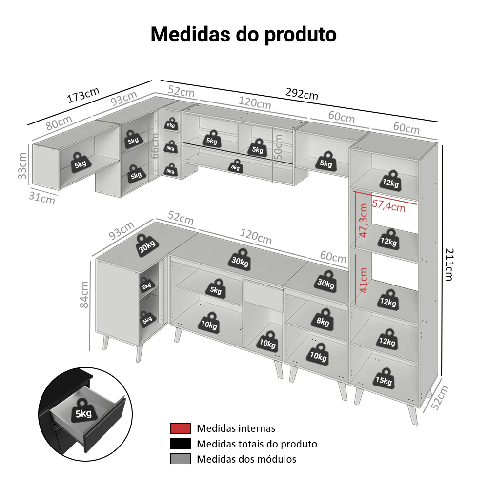 Armário de Cozinha Completa de Canto 465 cm Preto Nice Madesa 05 - Image 3