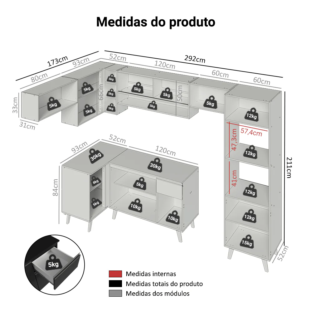 Armário de Cozinha Completa de Canto 465 cm Preto Nice Madesa 08 - Image 3
