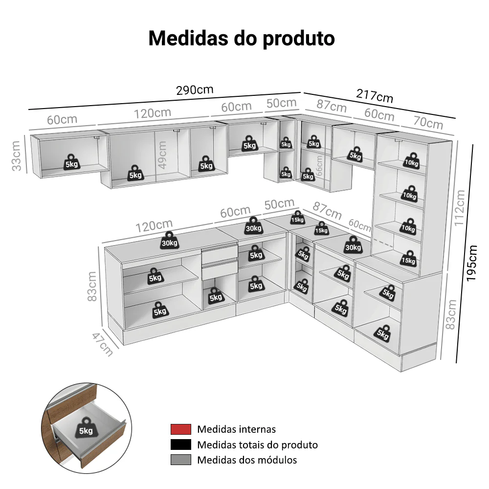 Armário de Cozinha Completa de Canto 507 cm Branco/Rustic/Crema Smart 100% MDF Madesa 01 - Image 3