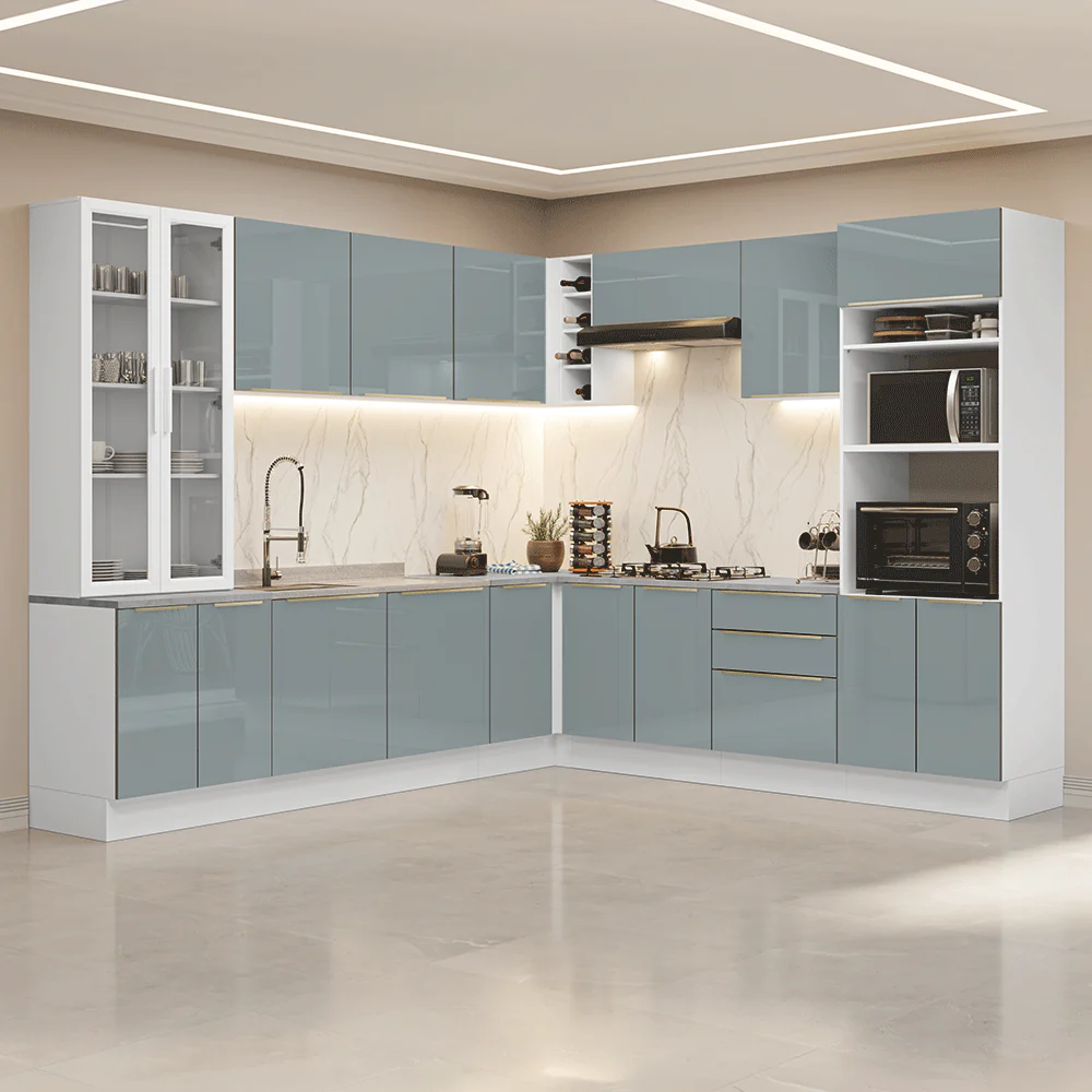 Armário de Cozinha Completa de Canto 549 cm Branco/Cinza Lux Madesa 01
