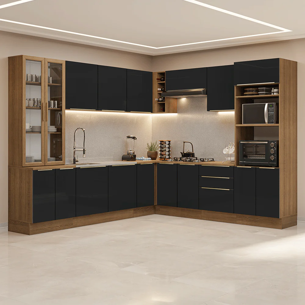 Armário de Cozinha Completa de Canto 549 cm Rustic/Preto Lux Madesa 01