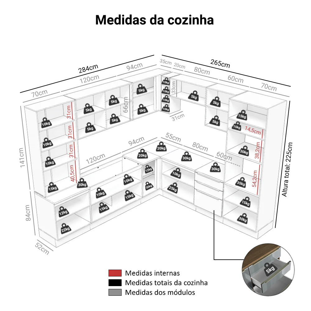 Armário de Cozinha Completa de Canto 549 cm Rustic/Preto Lux Madesa 01 - Image 3