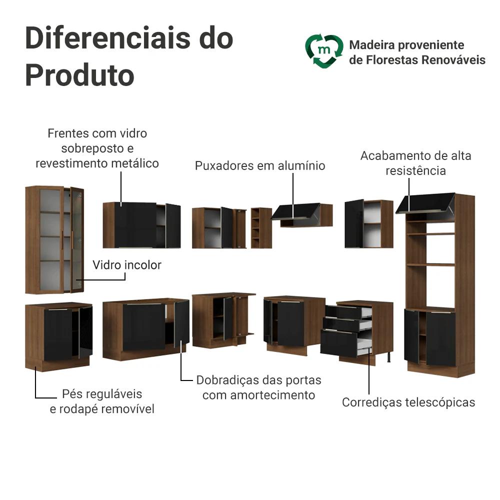 Armário de Cozinha Completa de Canto 549 cm Rustic/Preto Lux Madesa 01 - Image 4