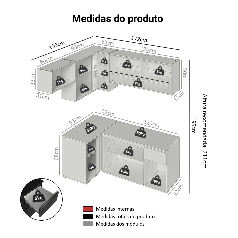 Armário de Cozinha Completa de Canto Suspenso 325 cm Preto Nice Madesa 01 - Image 3