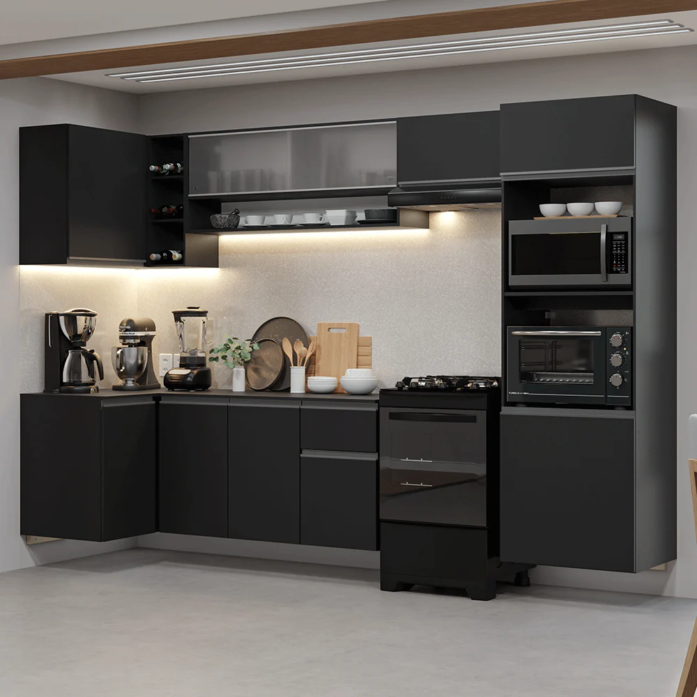 Armário de Cozinha Completa de Canto Suspenso 385 cm Preto Nice Madesa 01