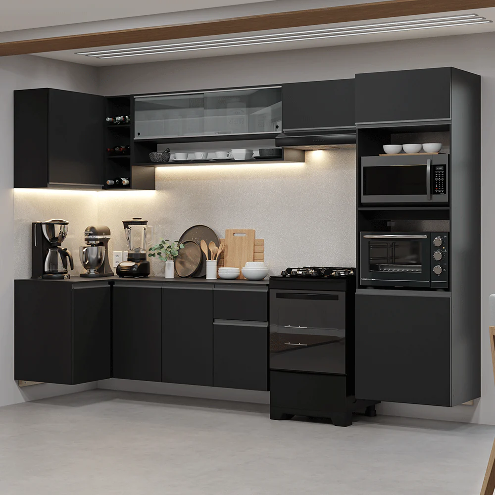 Armário de Cozinha Completa de Canto Suspenso 385 cm Preto Nice Madesa 02