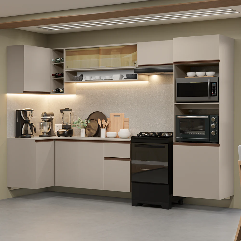 Armário de Cozinha Completa de Canto Suspenso 385cm Crema Nice Madesa 02