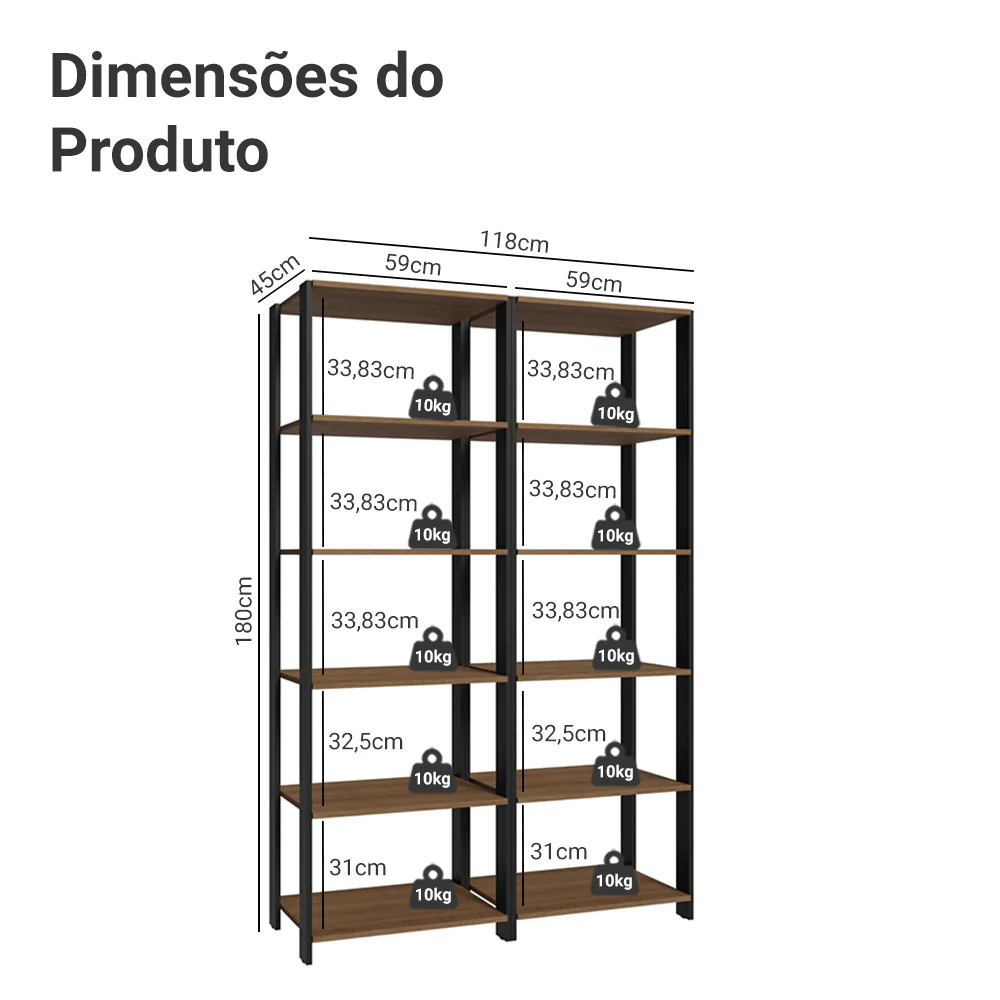 Armário Estante Multiuso Organizador Despensa 10 Prateleiras 118cm Rustic/Preto Madesa - Image 3