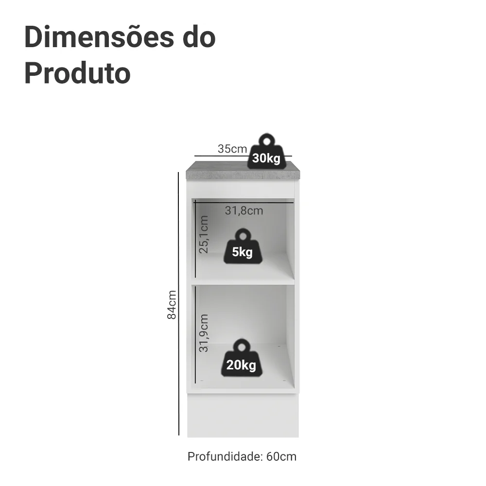 Balcão 35 x 60 cm 1 Porta (Com Tampo) Branco/Branco Veludo Lux Madesa - Image 2