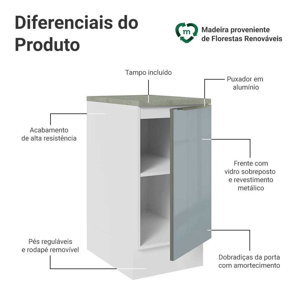 Balcão 40 x 60 cm 1 Porta (Com Tampo) Branco/Cinza Lux Madesa - Image 3