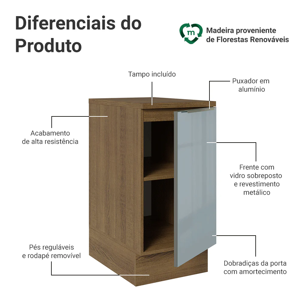 Balcão 40 x 60 cm 1 Porta (Com Tampo) Rustic/Cinza Lux Madesa - Image 3