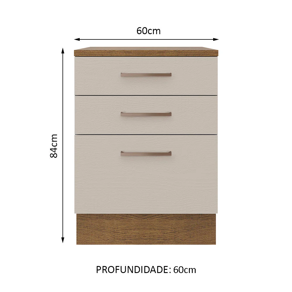 Balcão 60 x 60 cm 3 Gavetas (Com Tampo) Rustic/Crema Agata Madesa - Image 2