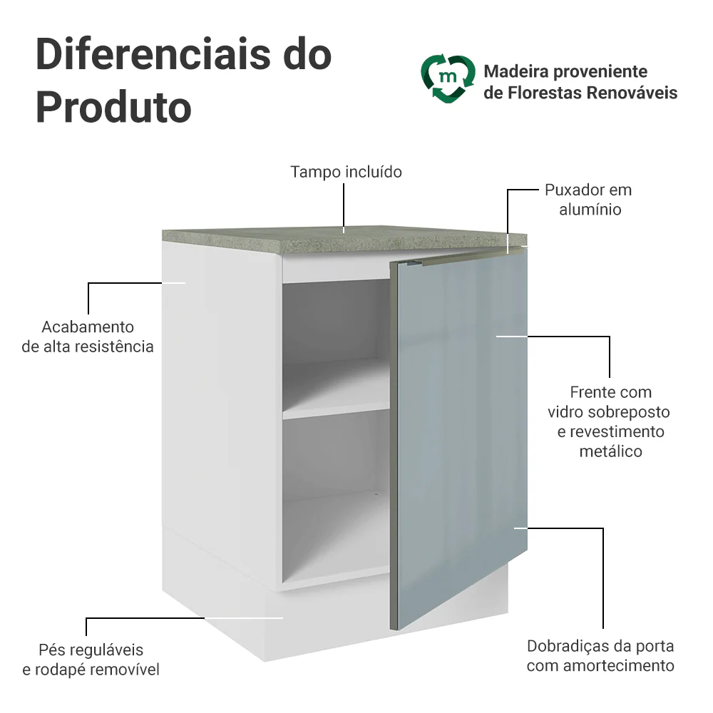 Balcão 60 x 60 cm 1 Porta (Com Tampo) Branco/Cinza Lux Madesa - Image 3