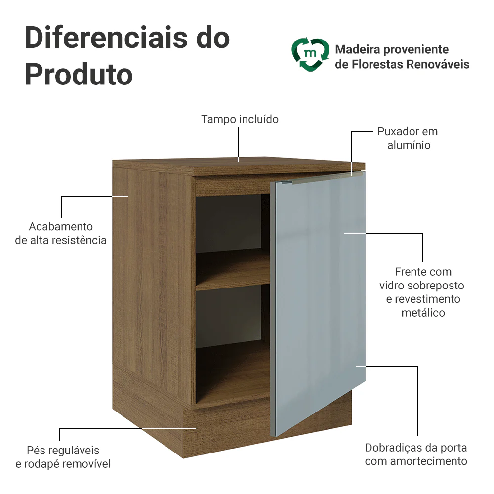 Balcão 60 x 60 cm 1 Porta (Com Tampo) Rustic/Cinza Lux Madesa - Image 3