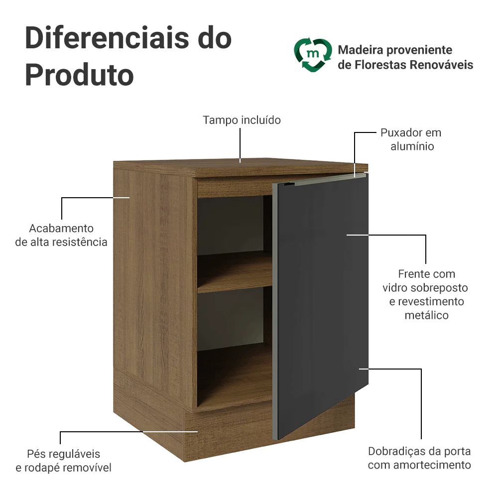 Balcão 60 x 60 cm 1 Porta (Com Tampo) Rustic/Preto Lux Madesa - Image 3