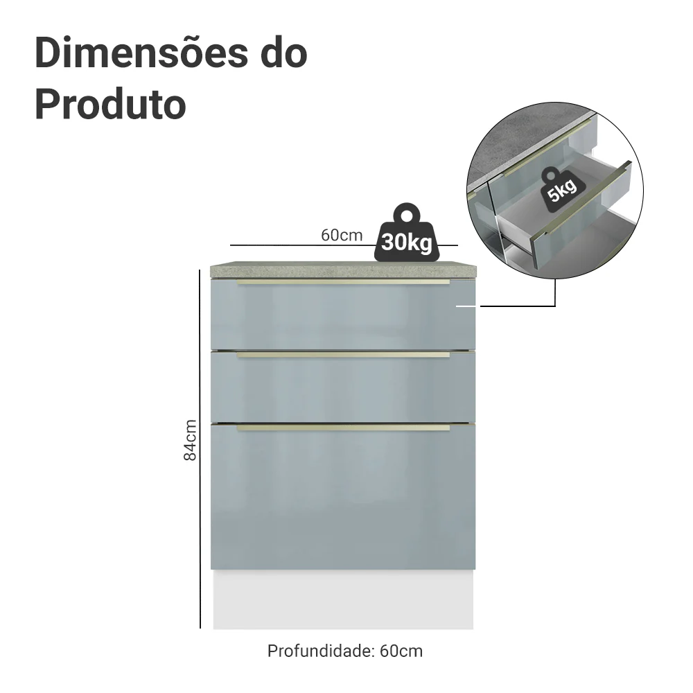 Balcão 60 x 60 cm 3 Gavetas (Com Tampo) Branco/Cinza Lux Madesa - Image 2