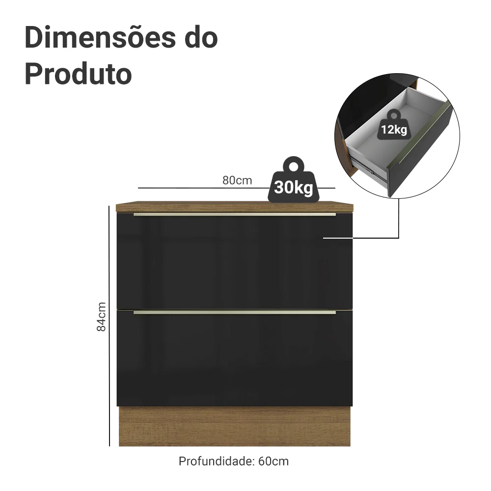 Balcão 80 x 60 cm 2 Gavetas (Com Tampo) Rustic/Preto Lux Madesa - Image 2